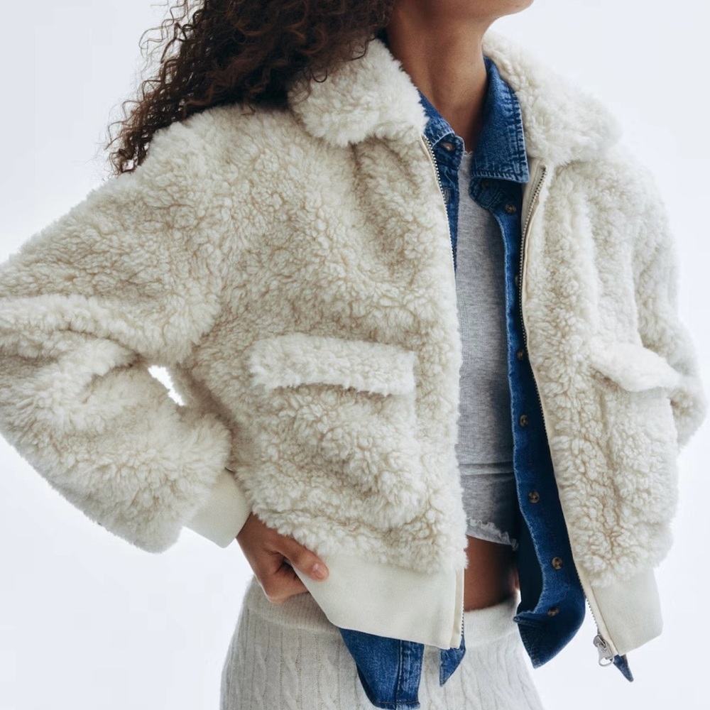 H&M Fluffy Bomber Jacket in Ivory in XS - NEW